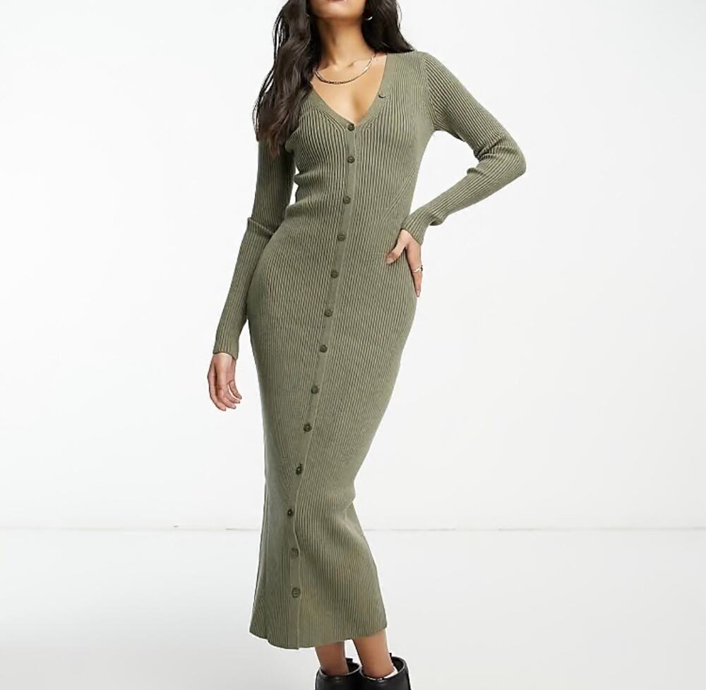 New Abercrombie & Fitch Button Front Ribbed Maxi Sweater Dress Olive Green Small